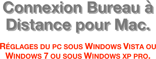 Connexion Bureau à Distance pour Mac.  Réglages du pc sous Windows Vista ou Windows 7 ou sous Windows xp pro.